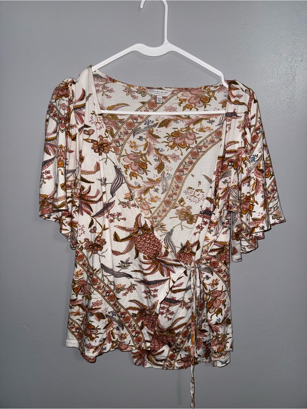 Lucky Brand Cream Floral Wrap Blouse with Flutter Sleeves